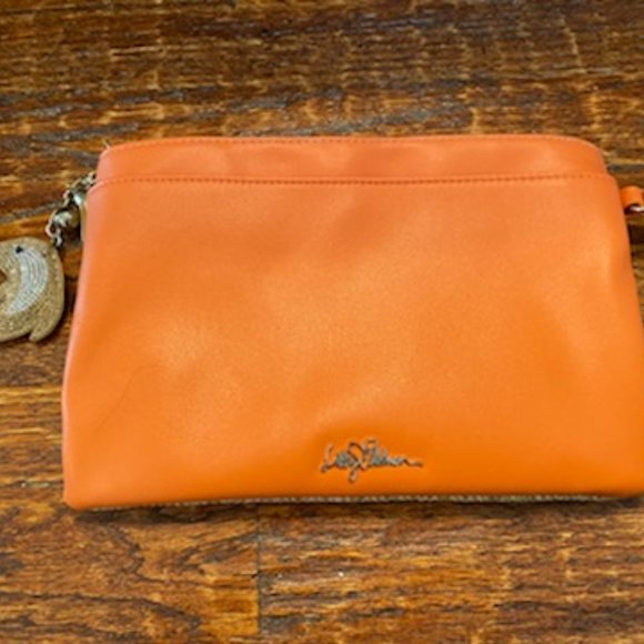 NEW Woven RAFFIA & ORANGE Pleather CLUTCH PURSE *Crystal DOLPHIN KEY FOB* Pocket - Picture 6 of 11